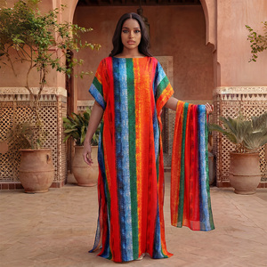 Spring <strong>Summer</strong> Cover up Set for Women Artistic Color Block <strong>Kaftan</strong> &amp; Scarf/Shawls Lightweight Polyester Ready Stock - Product Image 1