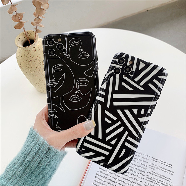 Abstract Phone Case,2021 New Black Art Lines Abstract Print Phone Case for iPhone 12 11 Pro Max XS XR 7 8 Plus Fundas