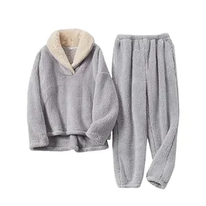 여성용 푹신한 산호 양털 파자마 플란넬 느슨한 2 피스 플러시 따뜻한 라운지웨어 바지 잠옷 세트