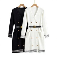 Robe longue en maille unie élégante à col en V, double boutonnage, taille ajustée, manches longues, pour femme, printemps-automne, haut de gamme