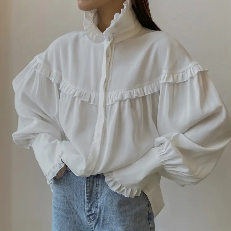 Enyami High Street French Chic Ruffles Shirred Design Office Lantern Long Sleeve Shirt Tops White Casual Women Blouses