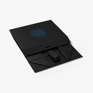 Boîte cadeau noire pliable de qualité supérieure avec ruban en gros-grain et nœud, boîte rigide magnétique de luxe avec logo en feuille d'aluminium bleue pour cosmétiques et cadeaux - Product Image 3