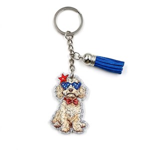 <span class=keywords><strong>Porte</strong></span>-clés personnalisé en acrylique blanc pailleté avec impression UV Golden Retriever patriotique, souvenir du 4 juillet, cadeau de la fête de l'Indépendance, avec <span class=keywords><strong>pompon</strong></span>, prêt à expédier - Product Image 1