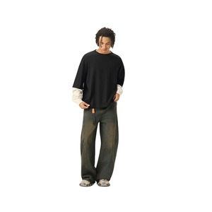 Men's Casual Two-Piece Contrast Long Sleeve T-Shirt American Spliced Solid Pattern 280G <strong>Cotton</strong> Short Width Box Cross-Border <strong>Wear</strong> - Product Image 6