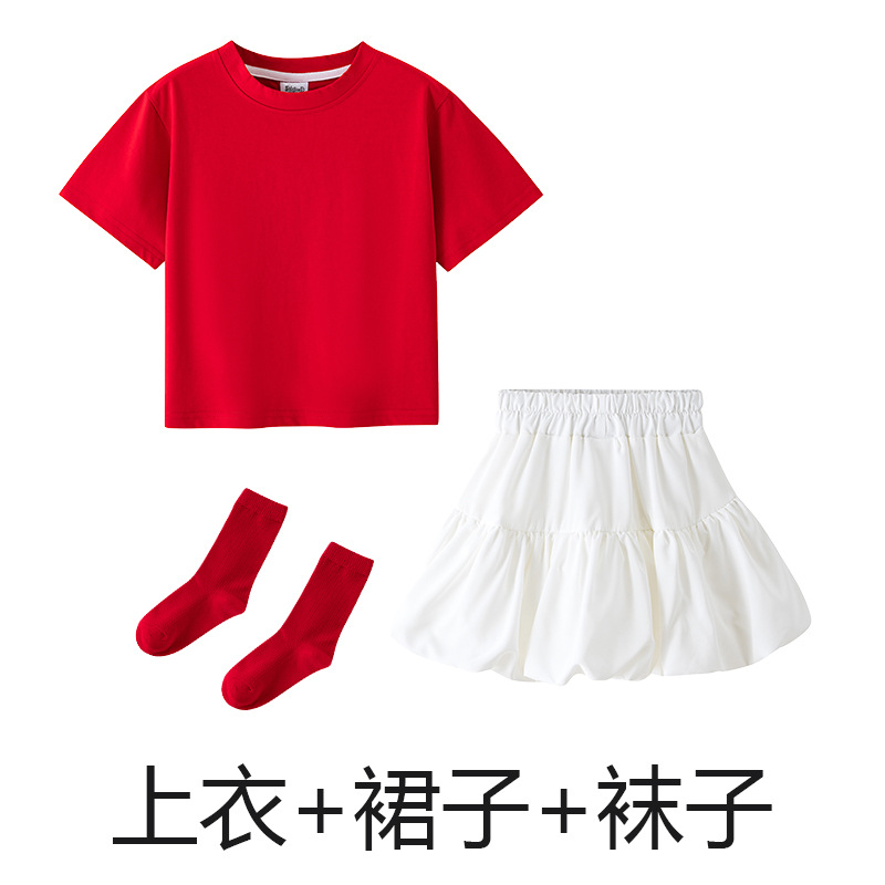 Red T-shirt, white skirt, red socks