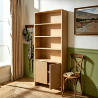 Bibliothèque en bois de chêne massif à 2 portes, étagères ouvertes, sans poignées, style nordique minimaliste, pour salon, bureau à domicile