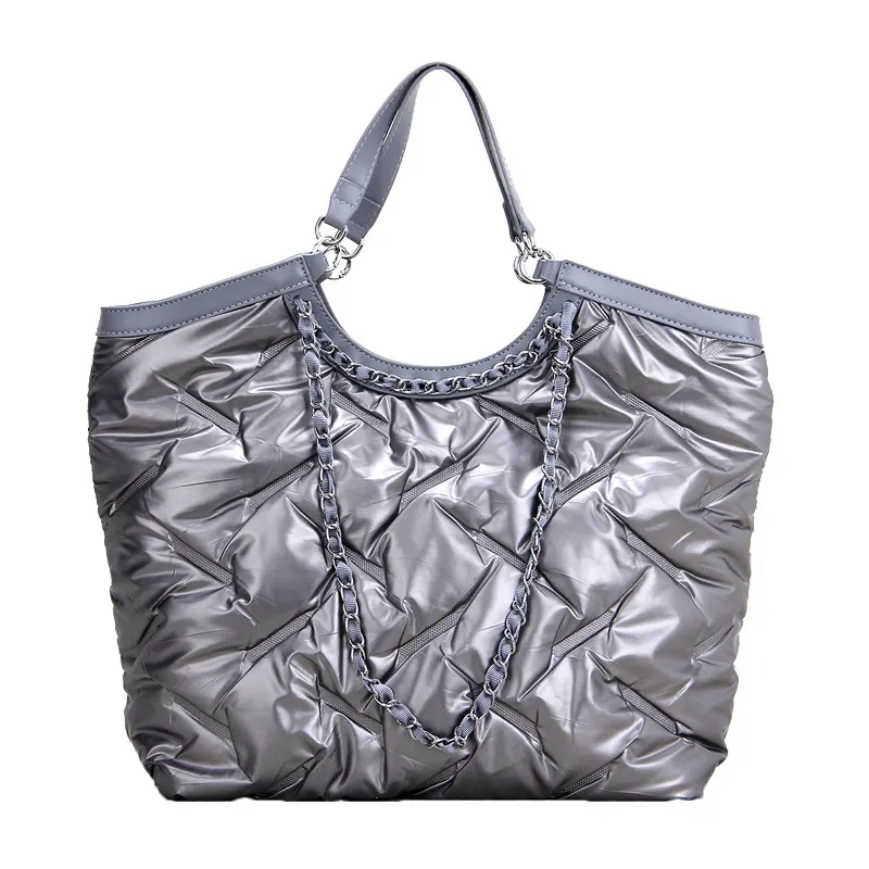 2022 New winter padding cotton shoulder bags lady metallic nylon tote bag