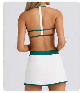 Breathable Color Block Spaghetti Strap Square Neck Sports Vest <b>Split</b> Short <b>Skirt</b> Set Women Fitness Fixed Cup Summer Waist Front - Product Image 6