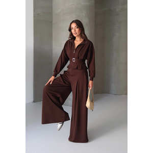 Women's Brown Modal Set Pleated Loose-Fit <b>Trousers</b> with <b>Belted</b> Zip-Up Blouse - Product Image 2