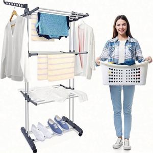 3 Layer Foldable Stainless Steel Stand Drying <b>Rack</b> with Storage Holders Durable & Space Saving Clothing & Bag Organizer - Product Image 2