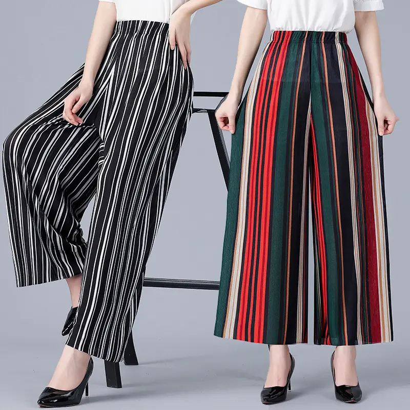 New Women Boho Black White Striped Pattern Designed Wide Leg Lounge Pants Casual Pant