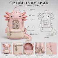 Sac à dos personnalisé Axolotl Ita Bag avec franges et aileron dorsal pour femmes et filles, idéal pour l'école, les voyages, le quotidien, cadeau, commande en gros