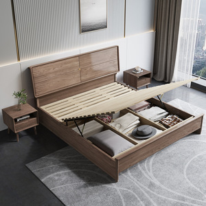 Lit double moderne et minimaliste en bois de frêne avec rangement, meuble de chambre à coucher de style nordique, lit de maître - Product Image 3