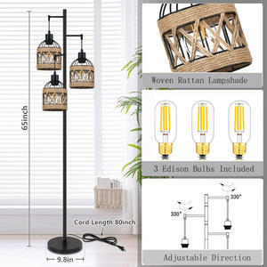 Boho Phong Cách Khách Sạn Hiện Đại LED Cạnh Giường Ngủ Ba Đầu Cây Gai Dầu Dây Bên Cạnh Đèn Sàn 65-Inch Góc Kệ Đèn Sàn Với Thay Đổi Độ Sáng Đèn - Product Image 2