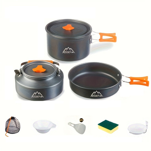 Il moderno <span class=keywords><strong>Set</strong></span> di pentole in alluminio da campeggio con manico arancione include custodia-buon prezzo per cucinare all'aperto - Product Image 1