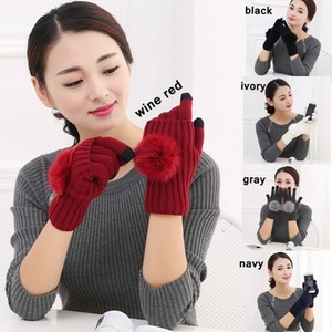 Gants d'hiver chauds sans doigts pour femmes, mitaines en laine tricotée avec pompon en fourrure de lapin, gants tactiles pour moto et cyclisme - Product Image 2