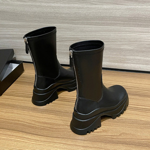Bottines amincissantes pour femmes de petite taille, mi-mollet, noires, à talon épais, style cigarette, avec fermeture éclair arrière - Product Image 5