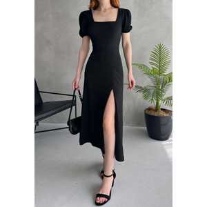 Elegante Vestido de Punto con Cuello Cuadrado, Espalda Descubierta y Abertura, Cintura Natural, Ajustado y Transpirable para Mujer, Rojo - Product Image 1