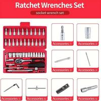 Kit d'outils combinés à cliquet 46 pièces en acier au chrome-vanadium, outils manuels durables avec mallette rigide pour l'entretien automobile