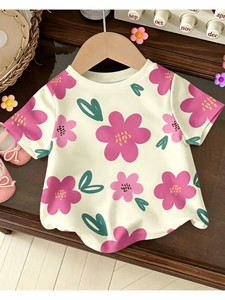 เสื้อยืดคอกลมแขนสั้นลายดอกไม้สีชมพูสำหรับผู้หญิง สวมใส่สบายๆ ทุกวัน ระบายอากาศได้ดี ขายส่ง GSM ไม่ระบุ - Product Image 1