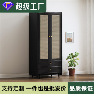 Armario de Madera Maciza y Ratán con Cajones, Puerta con Bisagras, Ahorro de Espacio, Almacenamiento para Dormitorio, Color Negro Vintage - Product Image 5