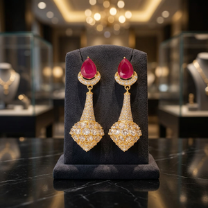 Boucles d'oreilles pendantes de luxe PingBling en laiton plaqué or avec zircon rouge en forme de goutte, bijoux fantaisie pour femme, idéales pour mariages et soirées - Product Image 3