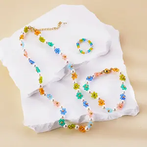 18K Gold plattiert Herz Charms Anhänger böhmischer Stil Imitation Perlenkerne Perlen Miyuki Damen-Schmuck-Sets