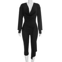 Combinaison décontractée unie à col en V profond et ruban torsadé, coupe ajustée, manches longues – Nouvelle collection automne