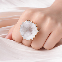 Anillo de Ágata Natural con Rebanada de Geoda, Bañado en Oro, Banda Abierta Ajustable, Anillos Irregulares de Druzy Hechos a Mano, Joyería al por Mayor
