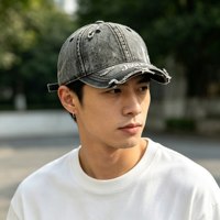 Casquette de baseball vintage en jean délavé et vieilli, brodée, effet usé et déchiré, pour homme, style streetwear quotidien, vente en gros