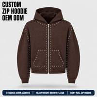 Sweat-shirts personnalisés marron pour hommes en molleton de coton épais, cloutés, coupe oversize, avec fermeture éclair intégrale et poches kangourou, pour un style streetwear décontracté
