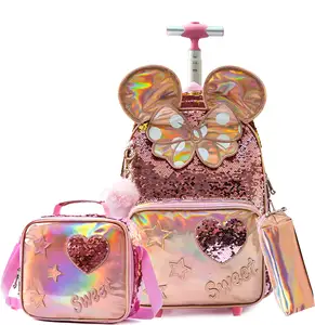 Durable Girls School Trolley Backpack Cute Leather PU School Bags Glitter Sequin Kids Backpacks With Lunch Bag Sets