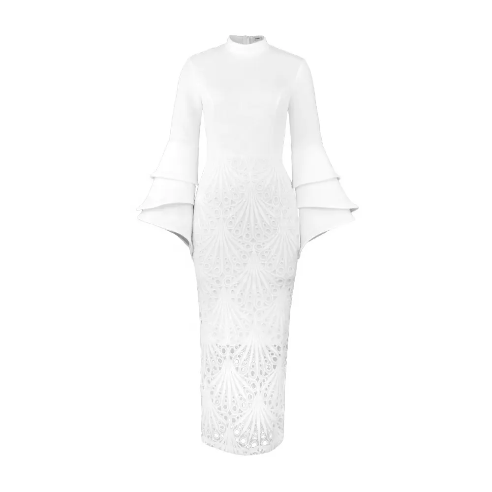 2023 New fashion Large size women's flared sleeve dress lace hollowed out dress