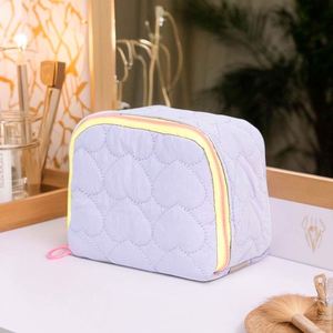 Cute Quilted Heart Jute <b>Makeup</b> <b>Bag</b> <b>Large</b> Capacity Travel Cosmetic Organizer Handle Kawaii Colorful Strap Toiletry Storage Pouch - Product Image 3