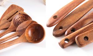 Ensemble de 10 ustensiles de cuisine en bois de teck 100% naturel, classique, brun clair, non toxique, écologique, très vendu - Product Image 2
