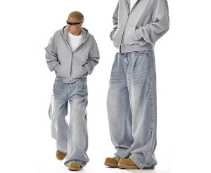 Alta qualità cotone 100% 14 oz Denim <span class=keywords><strong>Jeans</strong></span> larghi per gli uomini su misura luce blu acido lavato dritto allentato Hip Hop per l'autunno - Product Image 1