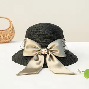 Cloche Cloche LingLong 2023 Fashion Silk Bow Bands Women Sombreros Lady Pearl Sun Beach Cloche Hats For Ladies Hats