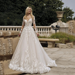 Lace A-Line Wedding Dress Deep V-Neck Long Sleeves Floral Print Fitted Natural Waistline Light Train Elegant Forest Style - Product Image 1