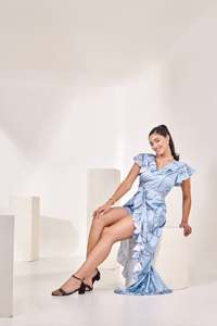 Combinaison imprimée à col plissé avec traîne à volants détachable, ensemble coordonné pour femme, tenue élégante une pièce au design raffiné - Product Image 5