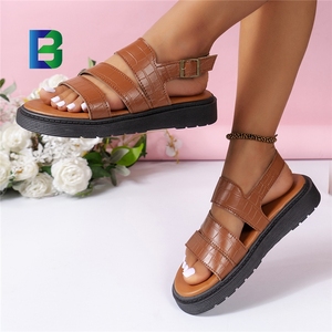 BARCHON LJ4213 negro marrón piedra estampado cuero Sandalias Mujer Zapatos 2024 verano moda plataforma calzado Sandalias planas - Product Image 3