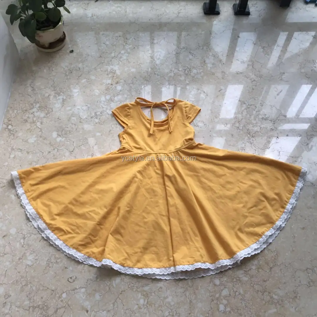 Трикотажный Хлопковый наряд с коротким рукавом, желтые кружевные платья для маленьких девочек