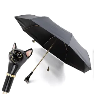 Zelfverdediging Kat Handvat Mannen Paraplu Opvouwbare Zonnige En Regenachtige Dagen Waterdicht Paraplu Metalen Ambacht