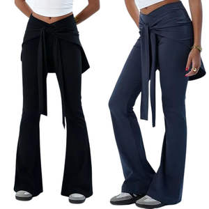 Elastic Waist Flare Yoga Pants Detachable Back <b>Skirt</b> Solid Color Stretchy Regular Fit Breathable Eco-Friendly Casual Workout - Product Image 1