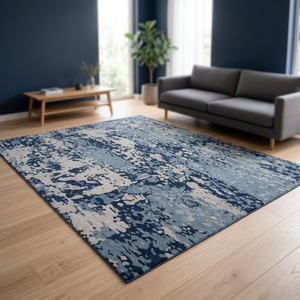 Tapis rectangulaire moderne abstrait bleu de haute qualité, tufté à la main, antidérapant, pour salon, à poils moyens, avec envers en latex - Product Image 1
