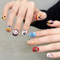 Lot de 24 faux ongles réutilisables pour Halloween, courts, ovales, avec motifs 3D toile d'araignée, œil et citrouille, finition brillante, style gothique, pour fête