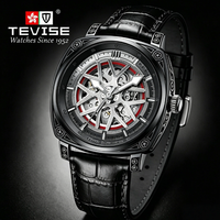 Montre automatique à remontage automatique pour homme TEVISE, boîtier tonneau de luxe, design squelette, bracelet en cuir, montre de sport