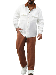 Completo Modern Fit 2 Pezzi in <span class=keywords><strong>Lino</strong></span> 100% Poliestere con <span class=keywords><strong>Camicia</strong></span> <span class=keywords><strong>e</strong></span> <span class=keywords><strong>Pantaloni</strong></span> con Colletto a Contrasto - Outfit Estivo Casual da <span class=keywords><strong>Uomo</strong></span> - Product Image 5