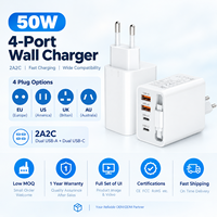 Chargeur USB C GaN pliable HNT 50W avec câble rétractable, adaptateur 4 ports PD QC3.0, charge rapide pour iPhone, ordinateur portable, voyage