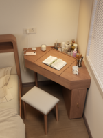 Table de maquillage d'angle en bois massif de style nordique, petite coiffeuse intégrée avec miroir triangulaire rabattable pour chambre à coucher SZT020