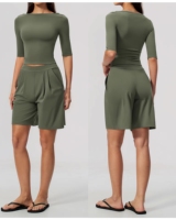 Nouvel ensemble de yoga 2 pièces sans couture, taille cintrée, manches trois-quarts, short anti-rides en Spandex/Nylon qui rehausse les hanches
